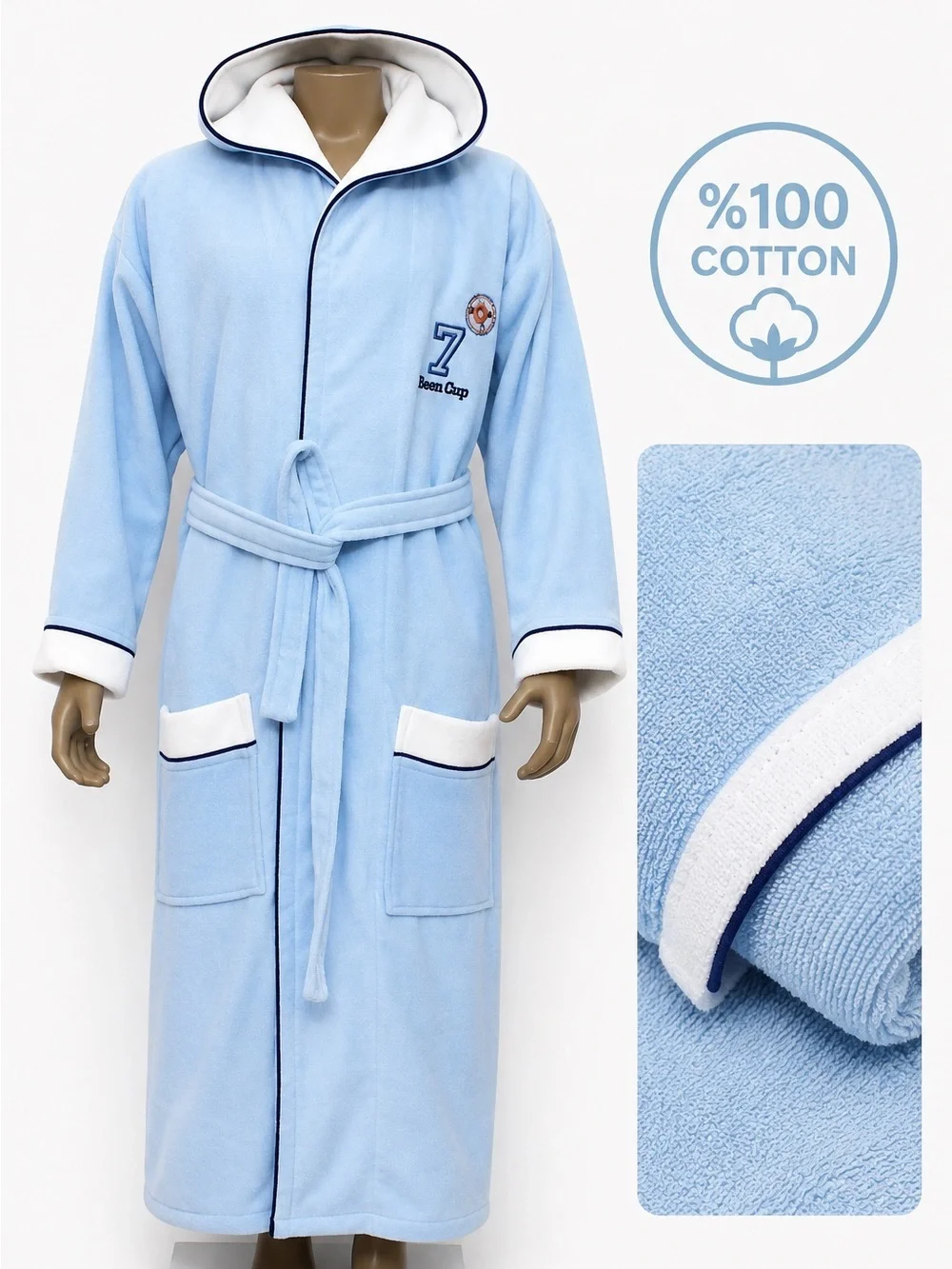 Kids Hooded Bathrobe 100% Cotton Blue 10-12Y Soft Terry Robe Belted - Picture 2 of 7